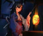  1girl absurdres animal_ear_fluff animal_ears bangs black_hair blood blood_on_clothes blood_on_face blue_kimono brown_eyes closed_mouth hair_ornament hairclip hand_up highres holding holding_lantern hololive japanese_clothes jjetotwt kimono lantern long_hair long_sleeves looking_at_viewer multicolored_hair obi ookami_mio red_hair sash solo streaked_hair two-tone_kimono very_long_hair virtual_youtuber white_kimono wide_sleeves wolf_ears 