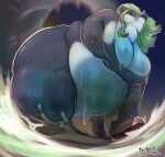  anthro belly big_belly big_breasts big_butt black_body boat breasts butt chest_wraps chubby_cheeks cleavage clothed clothing double_chin dripping fangs female green_hair hair hi_res holding_breast hoshino_kedama huge_breasts huge_butt huge_thighs kaiju looking_down looming love_handles macro mostly_nude obese overweight sea solo standing thick_thighs tongue tongue_out vehicle water watercraft wet white_body wraps 