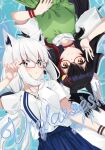  2girls adjusting_eyewear animal_ear_fluff animal_ears bangs black_bow black_hair blue_skirt blush borumete bow commentary_request dress fox_ears fox_girl fox_tail glasses green_dress green_eyes hair_between_eyes hair_bow hololive long_hair looking_at_viewer multicolored_hair multiple_girls ookami_mio red_hair shirakami_fubuki shirt short_sleeves sidelocks skirt smile streaked_hair tail virtual_youtuber white_hair white_shirt wolf_ears wolf_girl yellow_eyes 