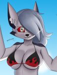  anthro big_breasts bikini blue_background breasts canid canid_demon clothing creatiffy demon female hair hair_over_eye hellhound helluva_boss hi_res loona_(helluva_boss) mammal one_eye_obstructed red_sclera simple_background solo swimwear 