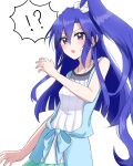  !? 1girl blue_bow blue_eyes blue_hair blue_skirt blue_sweater bow breasts hair_behind_ear highres kazanari_tsubasa long_hair looking_at_viewer senki_zesshou_symphogear shirt side_ponytail skirt sleeveless sleeveless_sweater small_breasts solo surprised sweater tobase_ui v-shaped_eyebrows white_shirt 