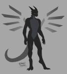  2022 absurd_res anthro black_body claws digital_media_(artwork) dragon full-length_portrait hi_res horn looking_at_viewer male metal_tail metallic_wings portrait scales scalie scar simple_background solo thal_verscholen wanderertamplior western_dragon wings yellow_eyes 
