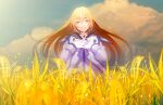  1girl bangs blonde_hair blush choker closed_eyes cloud cloudy_sky colette_brunel dress field gloves grin hair_between_eyes hands_on_own_chest highres jewelry long_hair looking_at_viewer open_mouth sky smile solo tales_of_(series) tales_of_symphonia tenryou_sena wind 