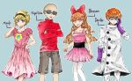  2boys 2girls bald bangs black_hairband black_sash blonde_hair blossom_(ppg) blue-tinted_eyewear blue_background blue_eyes blunt_bangs bow character_name clenched_hands coat codename:_kids_next_door collarbone crossed_arms danishi dexter dexter&#039;s_laboratory dress eyes_visible_through_eyewear facing_viewer flower_(symbol) fusionfall gloves goggles grey_eyes grey_shorts hair_bow hairband highres long_hair long_sleeves mandy_(grim_adventures) multiple_boys multiple_girls nigel_uno orange_hair outline pantyhose pink_dress pink_eyes pink_shirt pink_skirt powerpuff_girls puffy_short_sleeves puffy_sleeves purple_gloves red_bow red_shirt sash shirt short_hair short_sleeves shorts simple_background skirt sleeveless sleeveless_shirt smirk standing sunglasses swept_bangs the_grim_adventures_of_billy_&amp;_mandy tinted_eyewear turtleneck v-shaped_eyebrows white_coat white_outline white_pantyhose 