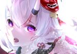  1girl absurdres close-up fangs highres hololive horns long_hair looking_at_viewer mask mask_on_head multicolored_hair nakiri_ayame oni oni_horns oni_mask open_mouth portrait purple_eyes red_hair solo streaked_hair urotare virtual_youtuber white_hair 