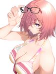  1girl adjusting_eyewear bikini black-framed_eyewear breasts cleavage fate/grand_order fate_(series) front-tie_top hair_over_one_eye halter_top halterneck highres large_breasts looking_at_viewer mash_kyrielight mash_kyrielight_(swimsuit_of_perpetual_summer_ver.02) mikan_(chipstar182) purple_eyes purple_hair short_hair solo striped striped_bikini swimsuit upper_body white_background 