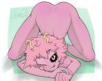  amber_eyes ashido_mina ass_up black_sclera breast_squish breasts clone26 female hair hi_res horn humanoid looking_at_viewer my_hero_academia nude one_eye_closed pink_body pink_hair pink_skin solo squish tongue tongue_out wink 