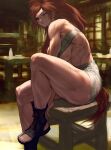  abs amputee baiken bandages bare_shoulders big_hair breasts chair chest_sarashi guilty_gear infi large_breasts midriff_sarashi muscular muscular_female one-eyed pink_hair ponytail red_eyes sandals sarashi scar scar_across_eye scar_on_face sitting 
