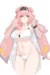  1girl animal_ears arknights bangs bikini black_hairband blush breasts cat_ears claw_pose cleavage cowboy_shot goldenglow_(arknights) hairband hands_up infection_monitor_(arknights) jacket jacket_on_shoulders large_breasts looking_at_viewer navel nose_blush pink_hair pink_jacket short_hair simple_background solo standing stomach swimsuit thighs white_background white_bikini yellow_eyes yysgkd 