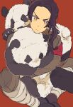  &gt;:( 1boy animal armband axis_powers_hetalia bear black_footwear black_hair brown_eyes china_(hetalia) gauze highres holding holding_animal long_hair looking_at_viewer male_focus military military_uniform ninonuko panda ponytail red_armband red_background uniform v-shaped_eyebrows 