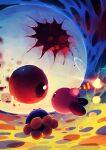  absurdres battle blush commentary crack flying gooey_(kirby) highres holding kirby kirby&#039;s_dream_land_3 kirby_(series) looking_at_another love_love_stick monster no_humans open_mouth red_eyes suyasuyabi twitter_username zero_(kirby) 