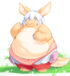  ambiguous_gender anthro belly belly_overhang big_belly big_butt bodily_fluids brown_body brown_fur butt chubby_cheeks clothed clothing double_chin fluffy fluffy_ears fluffy_tail fur hair hi_res lagomorph looking_down love_handles made_in_abyss mammal nanachi narehate navel obese overweight partially_clothed simple_background solo sweat sweatdrop tan_body tan_fur thick_arms thick_thighs veiukket white_hair wide_hips 