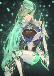  1girl armor bangs black_gloves bodysuit breasts chest_jewel cleavage drop_earrings earrings elbow_gloves fadingz gloves green_eyes green_hair highres invisible_chair jewelry large_breasts leg_armor leotard leotard_under_clothes long_hair looking_at_viewer pixiv_id pneuma_(xenoblade) ponytail see-through see-through_leotard shoulder_armor signature simple_background sitting smile solo star_(symbol) star_earrings swept_bangs tiara two-tone_gloves very_long_hair white_bodysuit white_gloves wrist_guards xenoblade_chronicles_(series) xenoblade_chronicles_2 