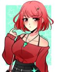  1girl asukaaasuu bag breasts collarbone earrings hair_ornament handbag highres jewelry large_breasts necklace pyra_(xenoblade) red_eyes red_hair solo twitter_username xenoblade_chronicles_(series) xenoblade_chronicles_2 