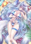  1girl absurdres alternate_costume animal_ear_fluff animal_ears azur_lane bell bikini blue_bikini blue_butterfly blue_eyes blush breasts bug butterfly butterfly_hair_ornament cooler feet_out_of_frame flower fox_ears fox_tail grey_hair hair_ornament highres huge_breasts ice ice_cube kitsune kyuubi long_hair looking_at_viewer lying manjuu_(azur_lane) mole mole_under_eye multiple_tails navel neck_bell on_back seashell shell shinano_(azur_lane) side-tie_bikini solo studiopokotan swimsuit tail thigh_strap very_long_hair wet white_flower white_tail 