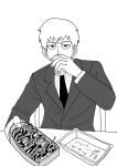  1boy box chair commentary_request dirty drink drinking food formal greyscale holding holding_box holding_drink looking_at_viewer male_focus mob_psycho_100 monochrome necktie one_(artist) reigen_arataka shirt simple_background solo suit takoyaki 
