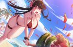  2girls anya_(spy_x_family) bangs beach bikini black_hair blue_sky bracelet breasts cleavage cloud day earrings eye_trail floating_hair flower food fruit hair_between_eyes hair_flower hair_ornament hairband halterneck jewelry large_breasts long_hair looking_away mitsu_(mitsu_art) multiple_girls navel open_mouth outdoors patreon_username pink_flower red_bikini red_eyes side-tie_bikini sky solo_focus spy_x_family standing standing_on_one_leg string_bikini swimsuit thigh_strap watermelon white_hairband yor_briar 