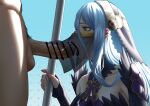  1boy 1girl azura_(fire_emblem) blue_hair breasts covered_mouth cum cum_in_mouth cum_on_body cum_on_breasts cumdrip ejaculation erection fellatio fingerless_gloves fire_emblem fire_emblem_fates gloves headdress jornyhail mouth_veil official_alternate_costume open_mouth oral penis pubic_hair staff sucking veil veins veiny_penis yellow_eyes 
