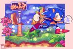  1boy brown_eyes clenched_hands cloud flower from_side furry furry_male gloves jill_(seaminglygood) looking_at_viewer male_focus pink_flower red_footwear running sky smile solo sonic_(series) sonic_the_hedgehog sonic_the_hedgehog_(classic) star_(sky) star_(symbol) white_gloves 