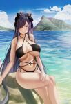  1girl alternate_costume august_von_parseval_(azur_lane) azur_lane bikini black_horns black_swimsuit blue_sky breasts breasts_apart choister cloud cloudy_sky curled_horns day feet_out_of_frame hair_over_one_eye highres horns large_breasts long_hair looking_at_viewer mechanical_horns mountain mountainous_horizon outdoors purple_eyes purple_hair side-tie_bikini sitting sky solo stone swimsuit very_long_hair water 
