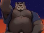  2022 anthro beard belly brown_body cromren facial_hair hi_res japanese_text kemono male mammal musclegut mustache navel night nipples outside overweight overweight_male pubes smoking solo text ursid 