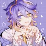  1boy aster_arcadia biiji blonde_hair choker head_rest heterochromia highres jewelry looking_to_the_side male_focus multicolored_hair nail_polish necktie nijisanji nijisanji_en open_mouth purple_eyes purple_hair ring smile solo yellow_eyes 