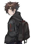  1boy backpack bag blue_eyes brown_hair casual hair_between_eyes hands_in_pockets highres hood hood_down hooded_jacket jacket kingdom_hearts looking_at_viewer looking_back male_focus short_hair soji_777 solo sora_(kingdom_hearts) spiked_hair upper_body white_background 