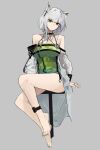  1girl alternate_breast_size animal_ears anklet arknights bare_legs bare_shoulders black_collar breasts cat_ears cat_girl cleavage coat collar criss-cross_halter dress feet full_body green_nails grey_background grey_hair halterneck highres jewelry kal&#039;tsit_(arknights) large_breasts legs looking_at_viewer nail_polish no_shoes nuggetkouhai off-shoulder_coat off-shoulder_dress off_shoulder oripathy_lesion_(arknights) ring short_hair simple_background sitting solo stethoscope stool thighs toenail_polish toenails white_coat 