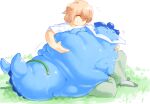  ambiguous_gender belly big_belly blue_body chubby_cheeks double_chin duo eeveelution embrace fat_rolls feral hi_res hug human inflation love_handles mammal nintendo obese overweight pok&eacute;mon pok&eacute;mon_(species) simple_background sitting smile thick_tail vaporeon veiukket video_games water_inflation wet 
