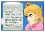  1girl blonde_hair blue_background blue_eyes border character_name crown dress earrings english_text from_side gem giganticbuddha highres jewelry letter long_hair mario_(series) pink_dress portrait princess_peach profanity scene_reference solo super_mario_64 white_border 