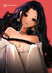  1girl absurdres black_hair breasts cleavage dante_minos dark-skinned_female dark_skin earrings english_commentary gold_choker grey_sweater hair_behind_ear highres jewelry large_breasts leaning_to_the_side long_hair mole mole_under_eye nijisanji nijisanji_en off-shoulder_sweater off_shoulder scarle_yonaguni sketch smile solo sweater virtual_youtuber 