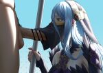  1boy 1girl azura_(fire_emblem) blue_hair covered_mouth erection fellatio fingerless_gloves fire_emblem fire_emblem_fates gloves headdress jornyhail mask mouth_mask mouth_veil official_alternate_costume open_mouth oral penis pubic_hair staff sucking veil veins veiny_penis yellow_eyes 