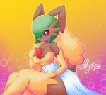  abstract_background alyrise anthro black_sclera blush breasts brown_body brown_fur cleavage clothed clothing female floppy_ears fur fusion gardevoir green_hair hair long_ears lop_ears lopunny nintendo pok&eacute;mon pok&eacute;mon_(species) pok&eacute;mon_fusion red_eyes sitting solo thick_thighs video_games yellow_body yellow_fur 