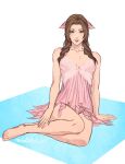  1girl aerith_gainsborough bangs bare_arms barefoot bathsheb_art breasts brown_hair cleavage dress final_fantasy final_fantasy_vii final_fantasy_vii_remake full_body green_eyes hair_ribbon highres legs lingerie looking_at_viewer medium_breasts negligee parted_bangs pink_dress pink_negligee pink_ribbon ribbon short_dress sidelocks sitting smile solo twitter_username underwear wavy_hair white_background 