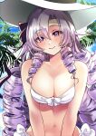  1girl bangs bikini blush breasts cleavage closed_mouth drill_hair hair_between_eyes hat head_tilt highres hyakumantenbara_salome large_breasts leaf long_hair looking_at_viewer navel nijisanji purple_eyes purple_hair sakayama_shinta smile solo sun_hat swimsuit upper_body very_long_hair virtual_youtuber white_bikini white_headwear 