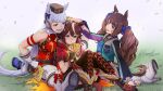  3girls absurdres animal_ears armband bangs blue_eyes boots breasts brown_gloves brown_hair commentary_request cropped_jacket cross-laced_clothes cross-laced_legwear dated fingerless_gloves glint gloves gold_ship_(umamusume) grass hand_on_another&#039;s_shoulder hat headphones high_heel_boots high_heels highres holding_trophy hood hooded_jacket horse_ears horse_girl horse_tail jacket jewelry knees_up large_breasts long_hair medium_breasts multicolored_hair multiple_girls necklace open_mouth outdoors pants pink_eyes red_jacket shinmai_(kyata) sitting sleeveless sleeveless_jacket smile streaked_hair tail tears thigh_strap tokai_teio_(beyond_the_horizon)_(umamusume) tokai_teio_(umamusume) tosen_jordan_(umamusume) trophy twintails twitter_username umamusume watch white_gloves white_pants wristband wristwatch 