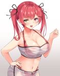  1girl absurdres bandeau bangs bare_arms bare_shoulders bikini bikini_under_clothes blush breasts cleavage collarbone commentary_request gradient gradient_background grey_background hand_up heterochromia highres hololive houshou_marine iroha_(unyun) large_breasts long_hair looking_at_viewer midriff navel no_hat no_headwear open_mouth pink_eyes pink_hair red_bikini see-through skirt solo stomach strapless swimsuit tube_top twintails upper_body white_background yellow_eyes 