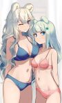  2girls ;) absurdres animal_ears arknights bangs bare_arms bare_shoulders bear_ears blue_bra blue_eyes blue_hair blue_panties blunt_bangs bra breasts cowboy_shot groin hair_ornament highres istina_(arknights) large_breasts long_hair looking_at_viewer multiple_girls navel one_eye_closed panties pink_bra pink_panties rosa_(arknights) smile standing star_(symbol) star_hair_ornament stomach thighs underwear underwear_only very_long_hair wakamepiza white_hair 