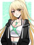  1girl alternate_hairstyle asukaaasuu bag blonde_hair breasts cleavage collarbone earrings hair_ornament highres jacket jewelry large_breasts mythra_(xenoblade) necklace ponytail solo twitter_username xenoblade_chronicles_(series) xenoblade_chronicles_2 yellow_eyes 