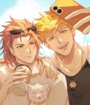  2boys animal bangs black_tank_top blonde_hair cat closed_mouth cloud coffee_cup cup day disposable_cup eyewear_on_head granblue_fantasy green_eyes highres holding holding_cup holding_phone jewelry male_focus multiple_boys necklace open_clothes open_mouth open_shirt outdoors percival_(granblue_fantasy) phone red_eyes red_hair selfie shadow_skg shirt short_hair sky smile sunglasses tank_top upper_body vane_(granblue_fantasy) white_cat white_shirt 