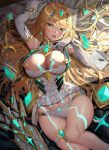  1girl arm_up bangs blonde_hair blush breasts bunny_hood_(the_legend_of_zelda) elbow_gloves envelope gloves glowing_lines highres knee_up large_breasts long_hair looking_at_viewer lying mythra_(xenoblade) nemunemu_semi on_back open_mouth panties solo thighs underwear white_gloves white_panties xenoblade_chronicles_(series) xenoblade_chronicles_2 yellow_eyes 