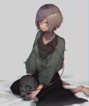  1girl absurdres barefoot brown_hair chromatic_aberration collarbone earbuds earphones film_grain glitch highres holding holding_skull horror_(theme) kosmo1214 looking_at_viewer original parted_lips pink_lips red_eyes short_hair sitting skull solo wariza 