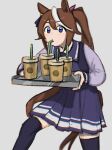  1girl animal_ears blue_eyes brown_hair cup disposable_cup drinking drinking_straw feet_out_of_frame grey_background highres holding holding_tray horse_ears horse_girl horse_tail long_hair long_sleeves looking_at_viewer mado_(71221497o) multicolored_hair ponytail purple_skirt purple_thighhighs sailor_collar school_uniform simple_background skirt solo streaked_hair tail thighhighs tokai_teio_(umamusume) tracen_school_uniform tray umamusume walking 