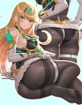  1girl ass bangs bare_shoulders blonde_hair blush breasts brown_pantyhose chest_jewel dress earrings elbow_gloves feet gloves highres jewelry large_breasts long_hair looking_at_viewer multiple_views mythra_(massive_melee)_(xenoblade) mythra_(xenoblade) nemunemu_semi pantyhose short_dress super_smash_bros. swept_bangs thighband_pantyhose thighs tiara white_dress white_gloves xenoblade_chronicles_(series) xenoblade_chronicles_2 yellow_eyes 