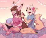  2022 4_toes 5_fingers anthro black_nose blue_eyes braided_hair breasts canid canine canis clothed clothing digital_media_(artwork) domestic_dog duo eyebrows eyelashes feet female fennec fingers fox hair kaitycuddle mammal sitting smile toes white_hair 
