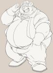  2022 4_fingers anthro belly big_belly bottomwear clothing facial_piercing fingers hat headgear headwear humanoid_hands kemono male mammal nose_piercing nose_ring overweight overweight_male pants piercing ring_piercing shirt simple_background solo taro_heppoko topwear ursid 