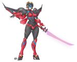 1girl absurdres alien axelnekokitty blue_eyes breasts curvy flame_toys high_heels highres humanoid_robot mecha_musume panties pointy_breasts red_panties robot simple_background solo sword thick_thighs thighs transformers underwear weapon white_background windblade wings 