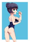  1girl aqua_eyes ass back bangs bare_legs bare_shoulders blue_background breasts clothes_pull double_bun dripping food hair_bun highres hot looking_back nico-mo one-piece_swimsuit original popsicle popsicle_in_mouth purple_hair sideboob sidelocks small_breasts summer sweat swimsuit swimsuit_pull wet wet_hair 