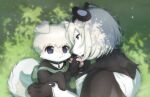  2022 alternate_species black_body black_ears black_fur canid canine canis domestic_dog duo eye_contact eyebrow_through_hair eyebrows felid feral fur furrification grass hair hi_res looking_at_another mammal missaka multicolored_ears nier_automata pantherine pawpads pink_pawpads plant smile snow_leopard translucent translucent_hair two_tone_ears white_body white_fur white_tail yorha_2b yorha_9s 