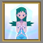  1girl blue_dress collarbone cowboy_shot dress green_hair halter_dress halterneck highres kris_(pokemon) looking_at_viewer official_alternate_costume own_hands_clasped own_hands_together parted_lips pokemon pokemon_(game) pokemon_masters_ex shiogi_(riza_49) smile solo 